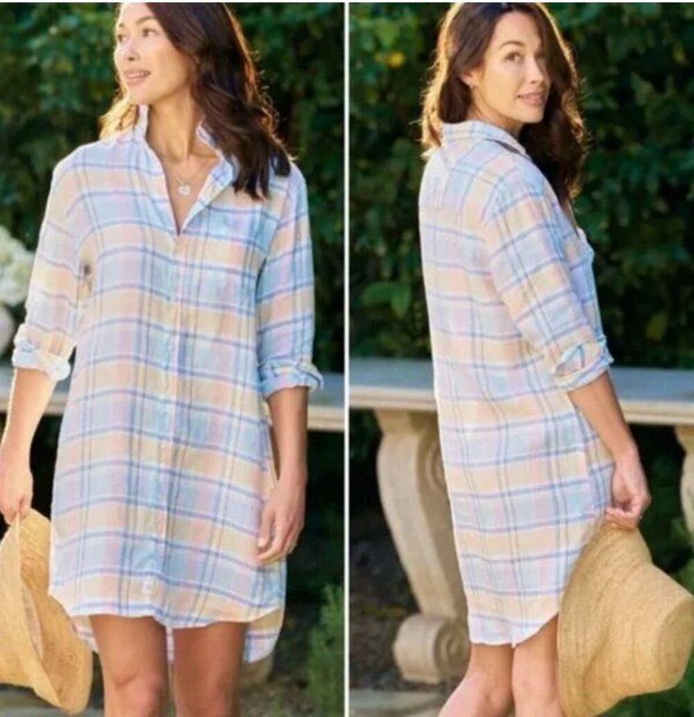 FRANK & EILEEN Sz S Small Pastel Plaid Linen Mary Shirt Dress